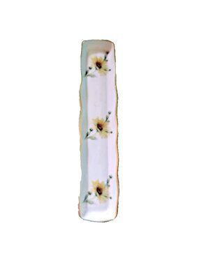 VINTAGE LIMOGES France Porcelain Long Pen Tray Yellow Floral Gold Trim Dish LEC